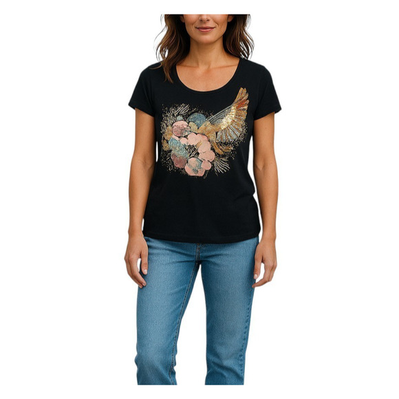 H & M Black Embellished Sequin Beaded Hummingbird Top Floral 100% Cotton M - Picture 1 of 8